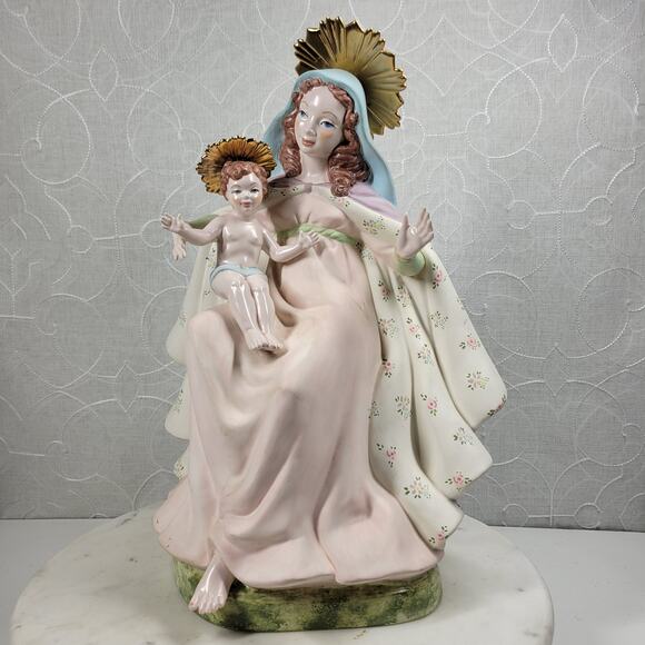 Vintage Crowned Holy Mary Baby Jesus Statue 12" Pink Ceramic‎ Madonna Bea Cox - Picture 1 of 16